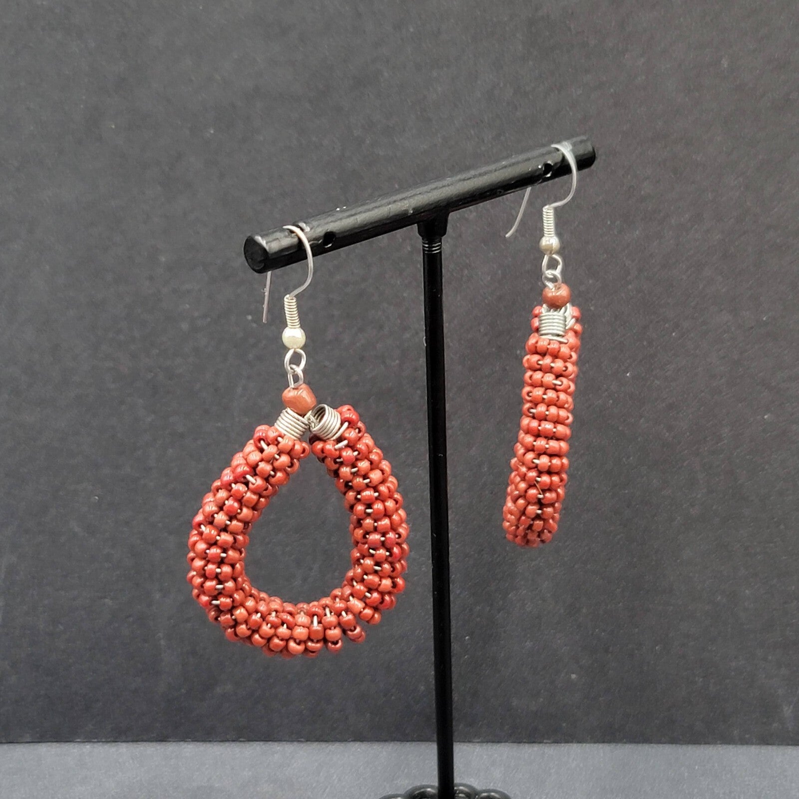Pierced Earrings Brown Seed Bead Teardrop Hoops Dangle Silver tone 1.5"