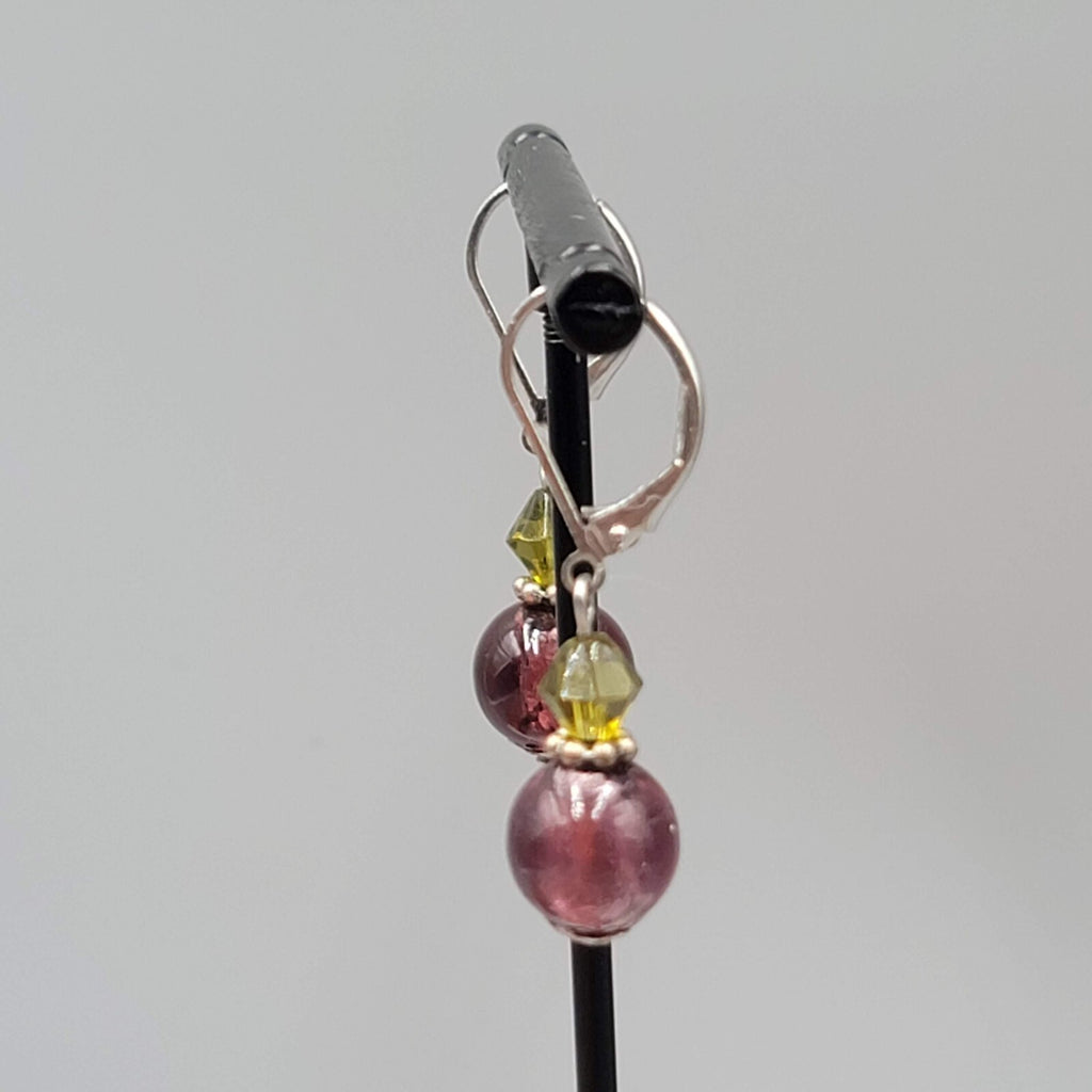 Glass Bead Pierced Earrings Purple Green Silver tone Dangle Leverback 7/8"
