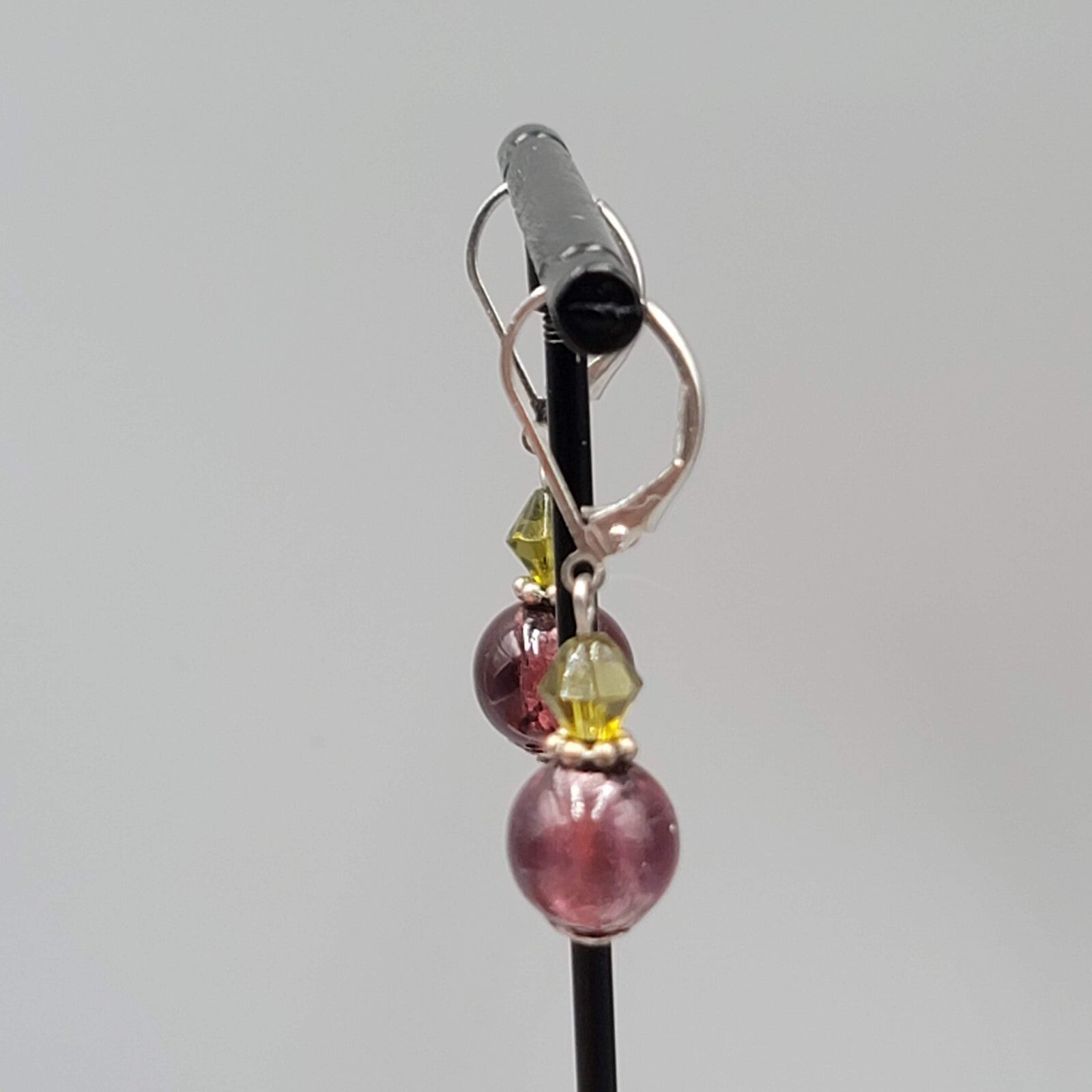 Glass Bead Pierced Earrings Purple Green Silver tone Dangle Leverback 7/8"