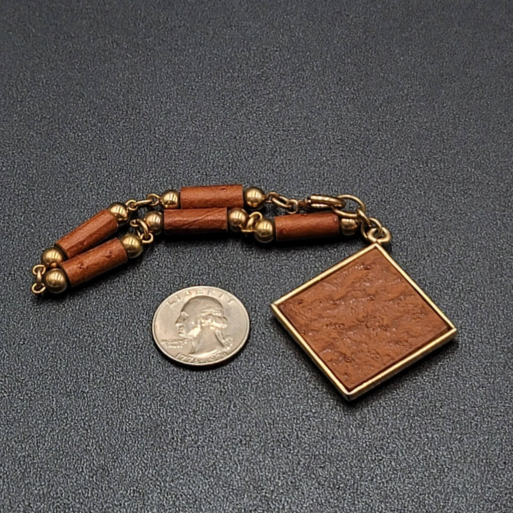 Vintage Bracelet Gold tone Brown Ostrich Leather Ace Clover Diamond Heart 7.5"