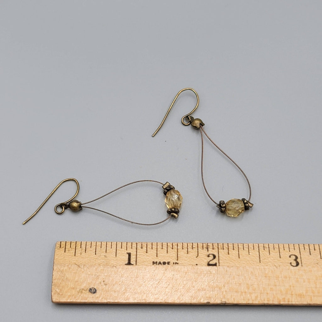 Pierced Earrings Bronze tone Teardrop Wire Yellow Glass Bead Dangle 1.5"