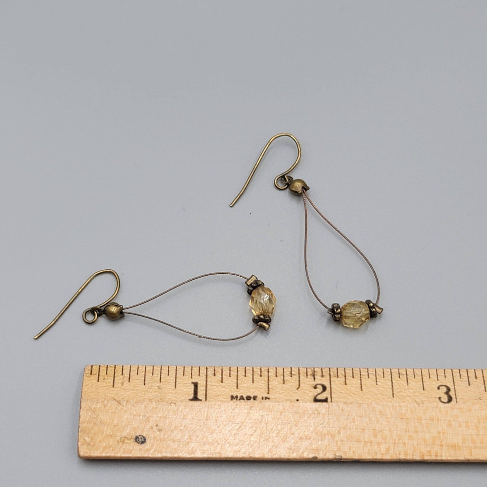 Pierced Earrings Bronze tone Teardrop Wire Yellow Glass Bead Dangle 1.5"