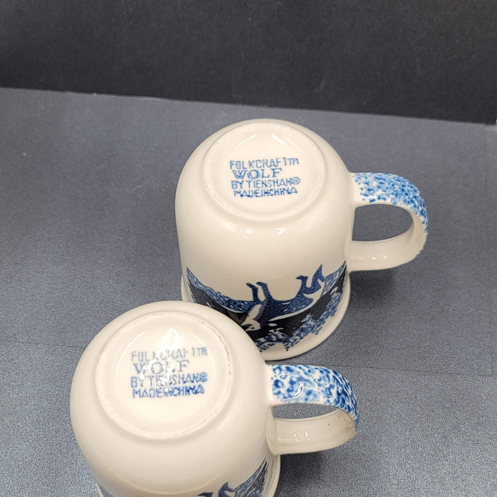Set of 2 Vintage WOLF TIENSHAN FOLK CRAFT 10 oz Coffee Mugs Tea Cups Blue Sponge