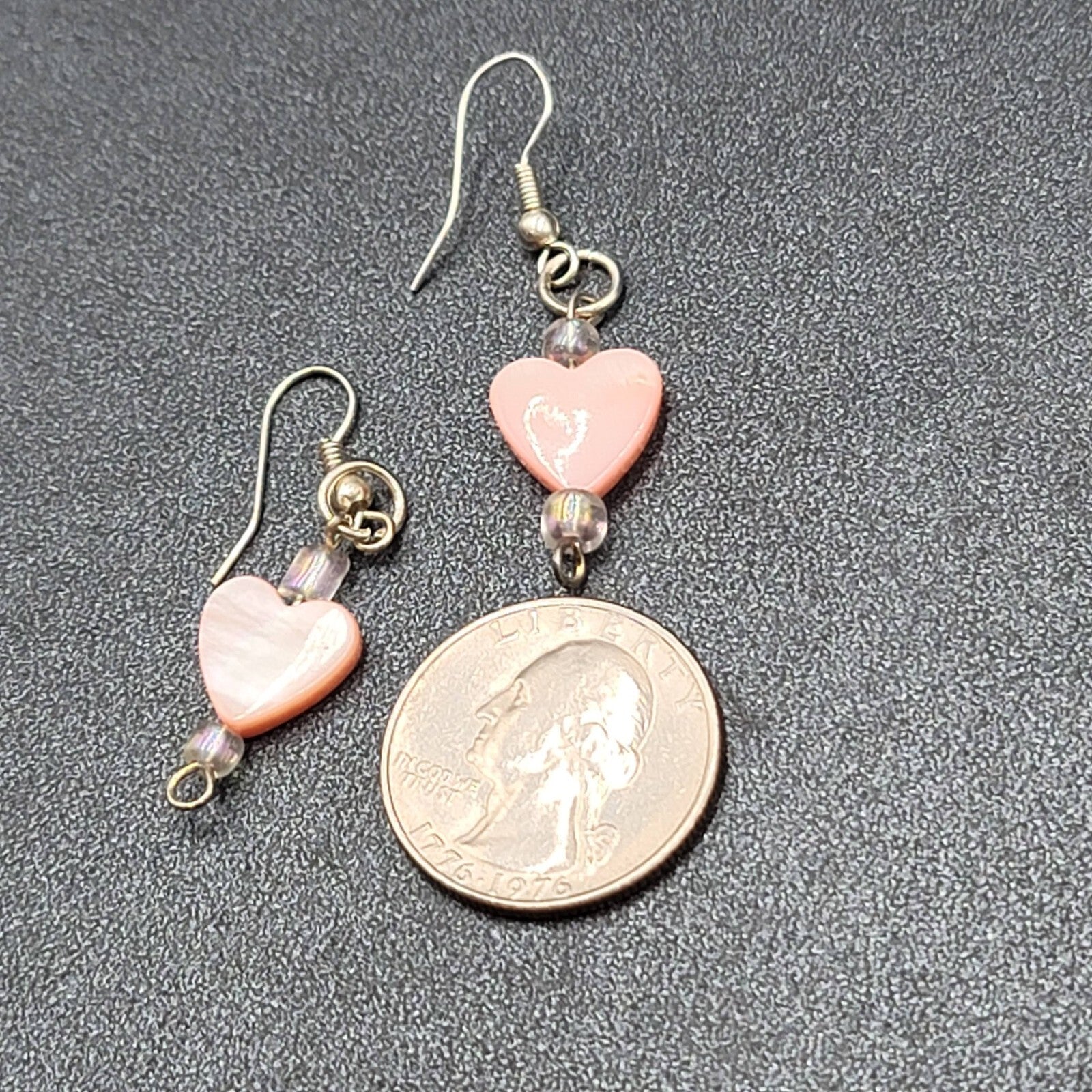 Pierced Earrings Silver tone Pink Mother of Pearl Heart 1"