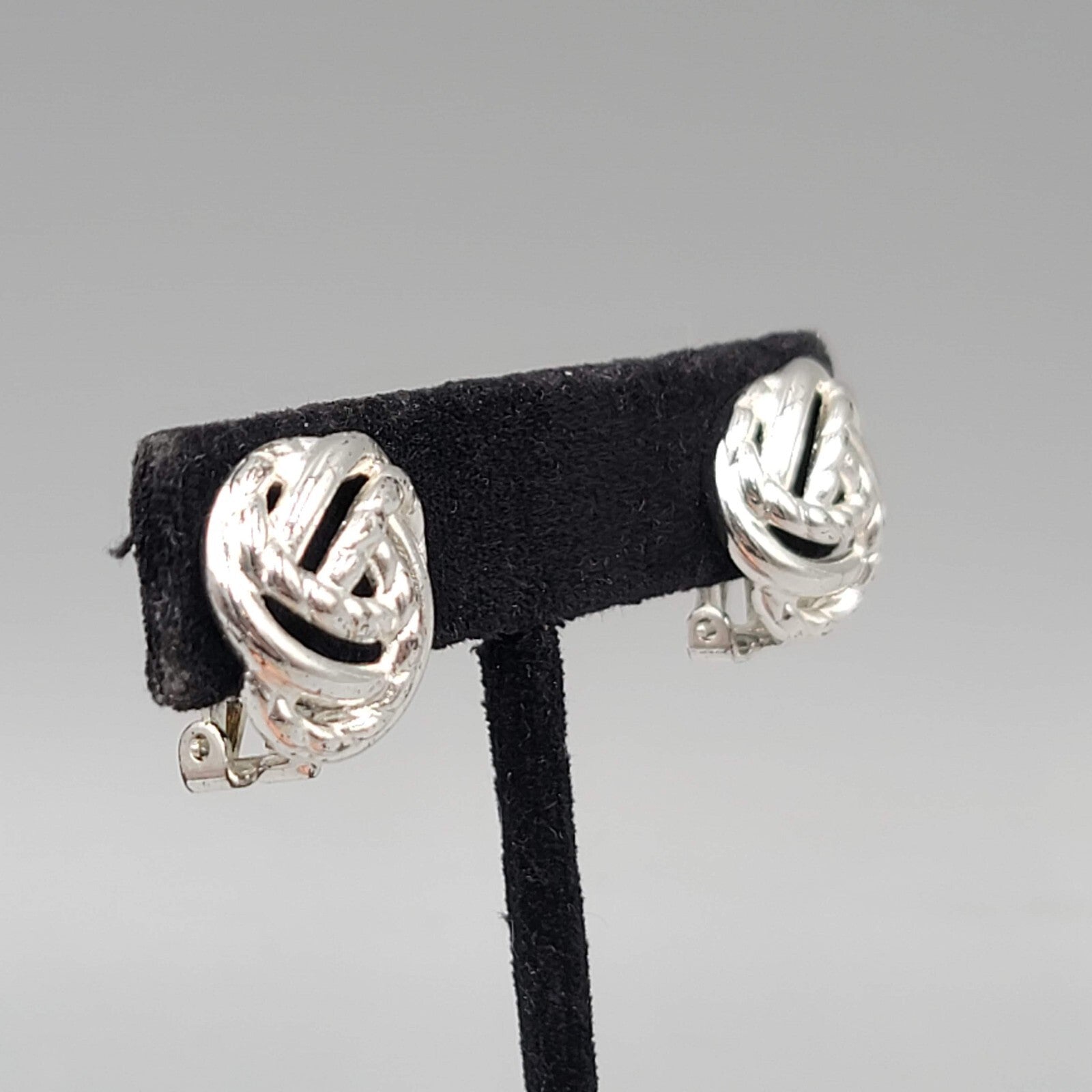 Vintage Open Work Knot Clip on Earrings Silver tone Studs 5/8"