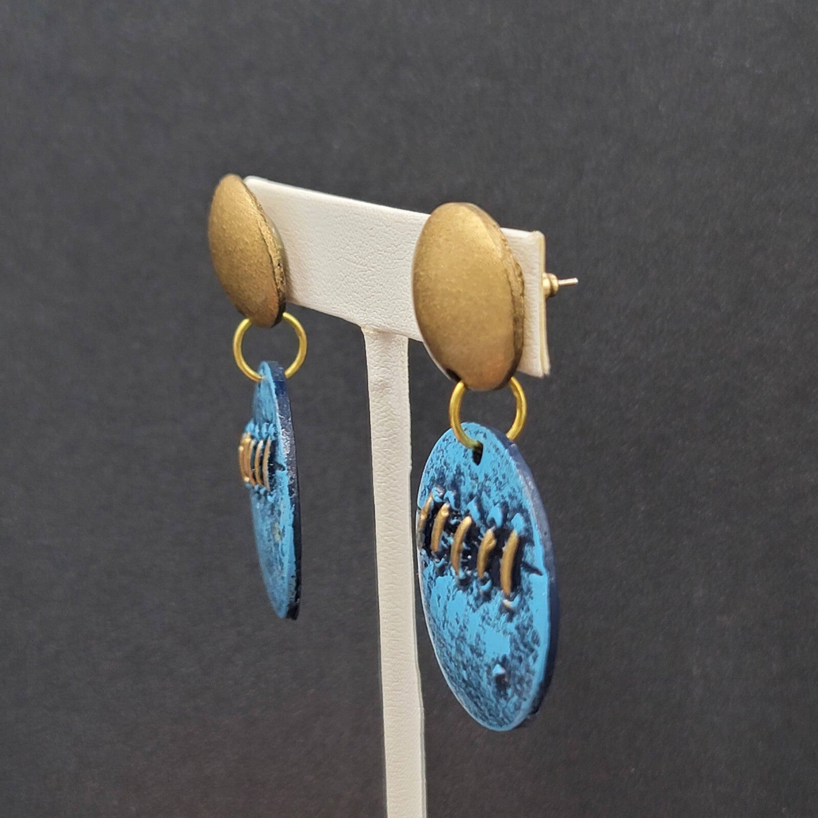 Vintage Pierced Earrings Gold tone Blue Dangle Statement 2"