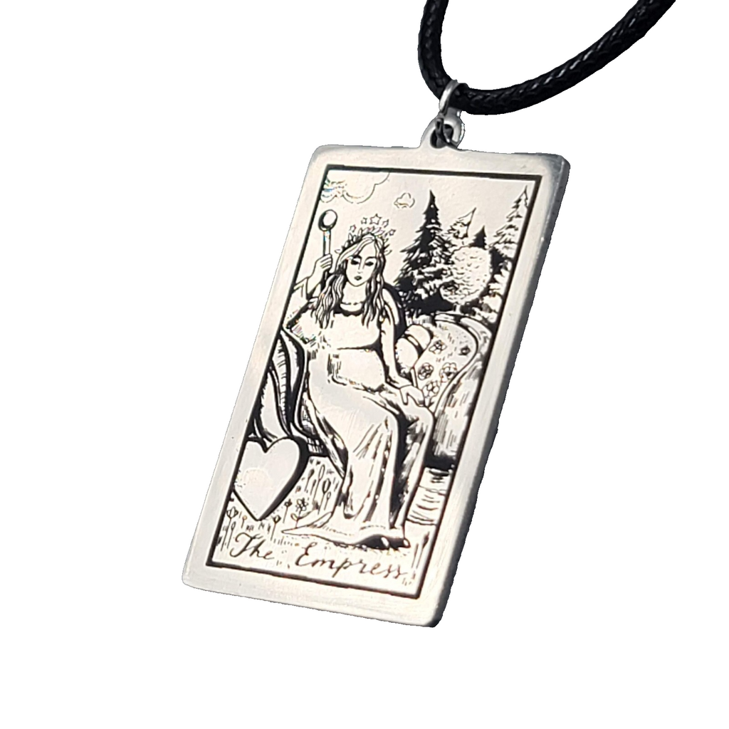 The EMPRESS Tarot Card Pendant Necklace Major Arcana Silver tone Black Cord 18" 