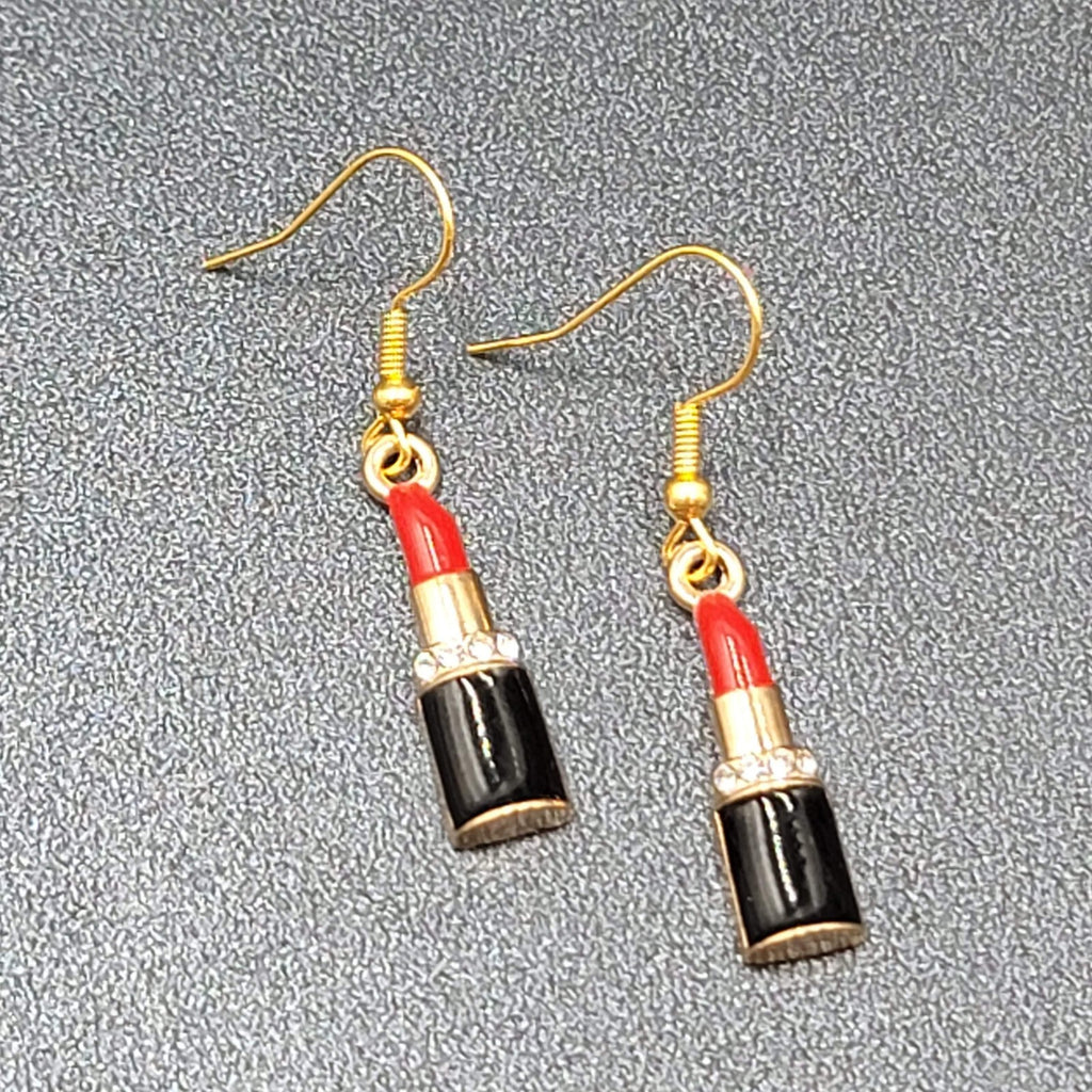 Lipstick Pierced Earrings 3D Gold tone Red Black Enamel Crystal Dangle 1"