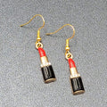 Lipstick Pierced Earrings 3D Gold tone Red Black Enamel Crystal Dangle 1"
