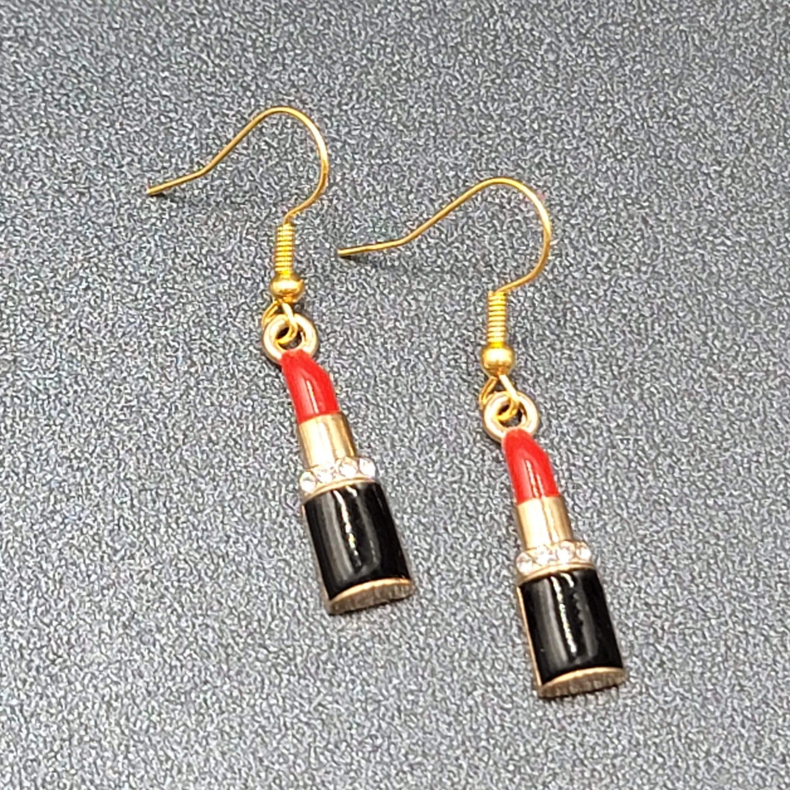 Lipstick Pierced Earrings 3D Gold tone Red Black Enamel Crystal Dangle 1"