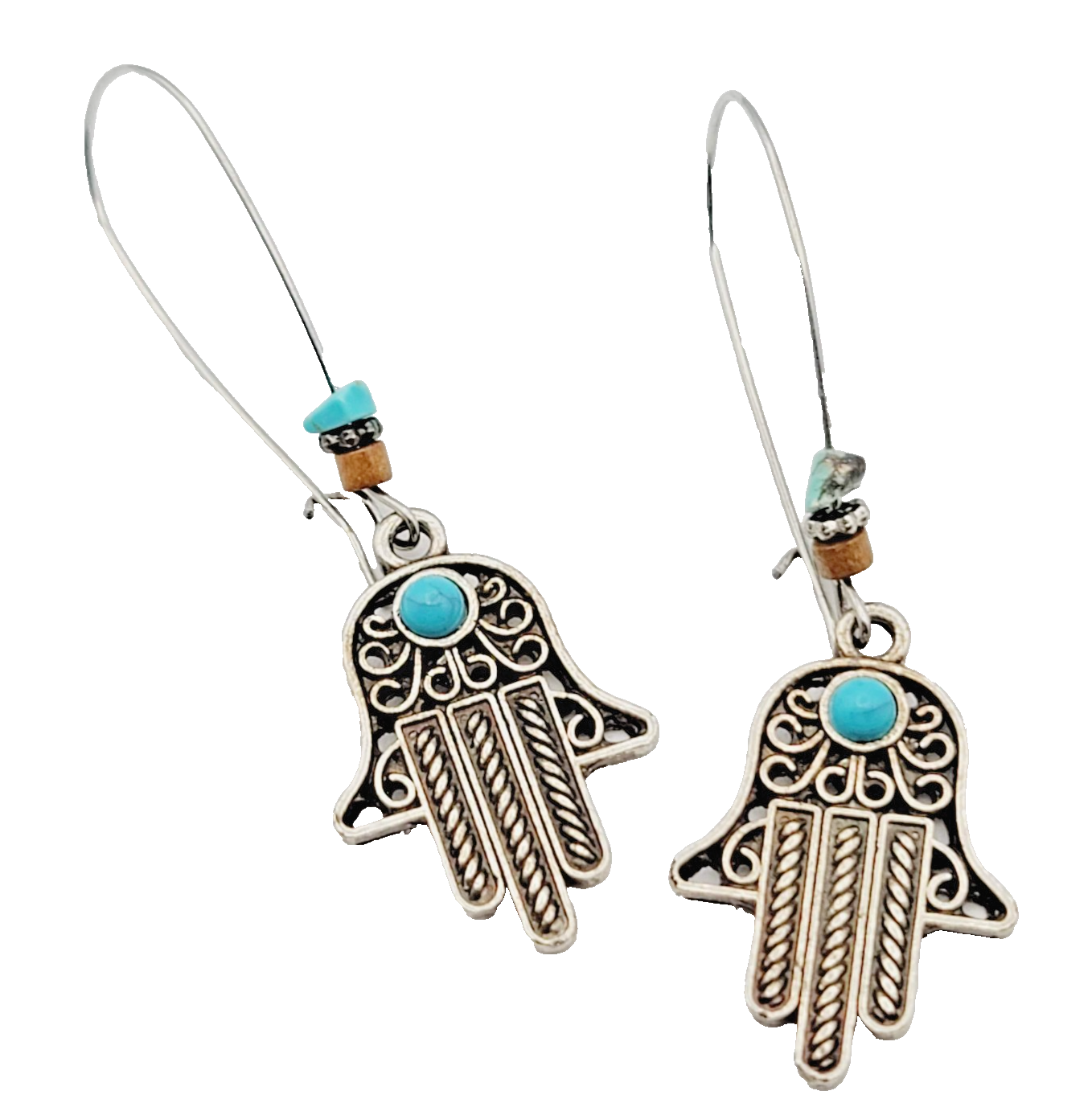 Hamsa Hand Boho Bead Pierced Earrings Silver tone Dangle  2.5 in