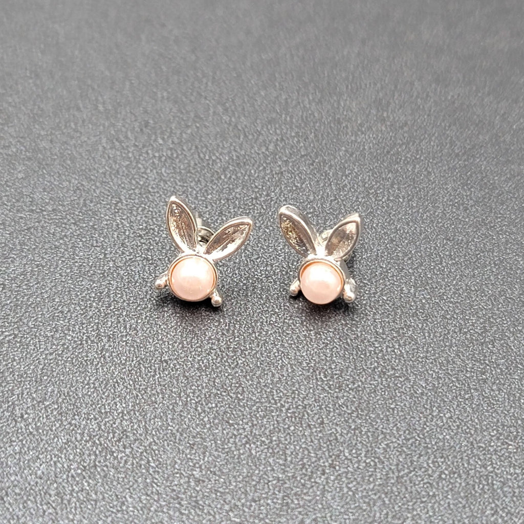 Bunny Rabbit Pierced Earrings Silver tone Faux Pink Pearl Studs 1/2"