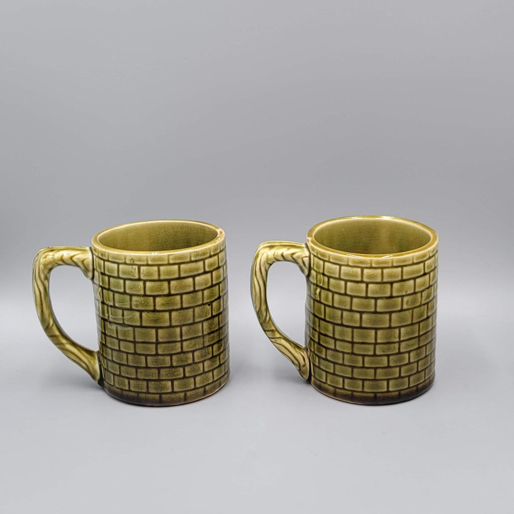 Vintage Japan Coffee Mug Cup Set of 2 Green Glaze MCM