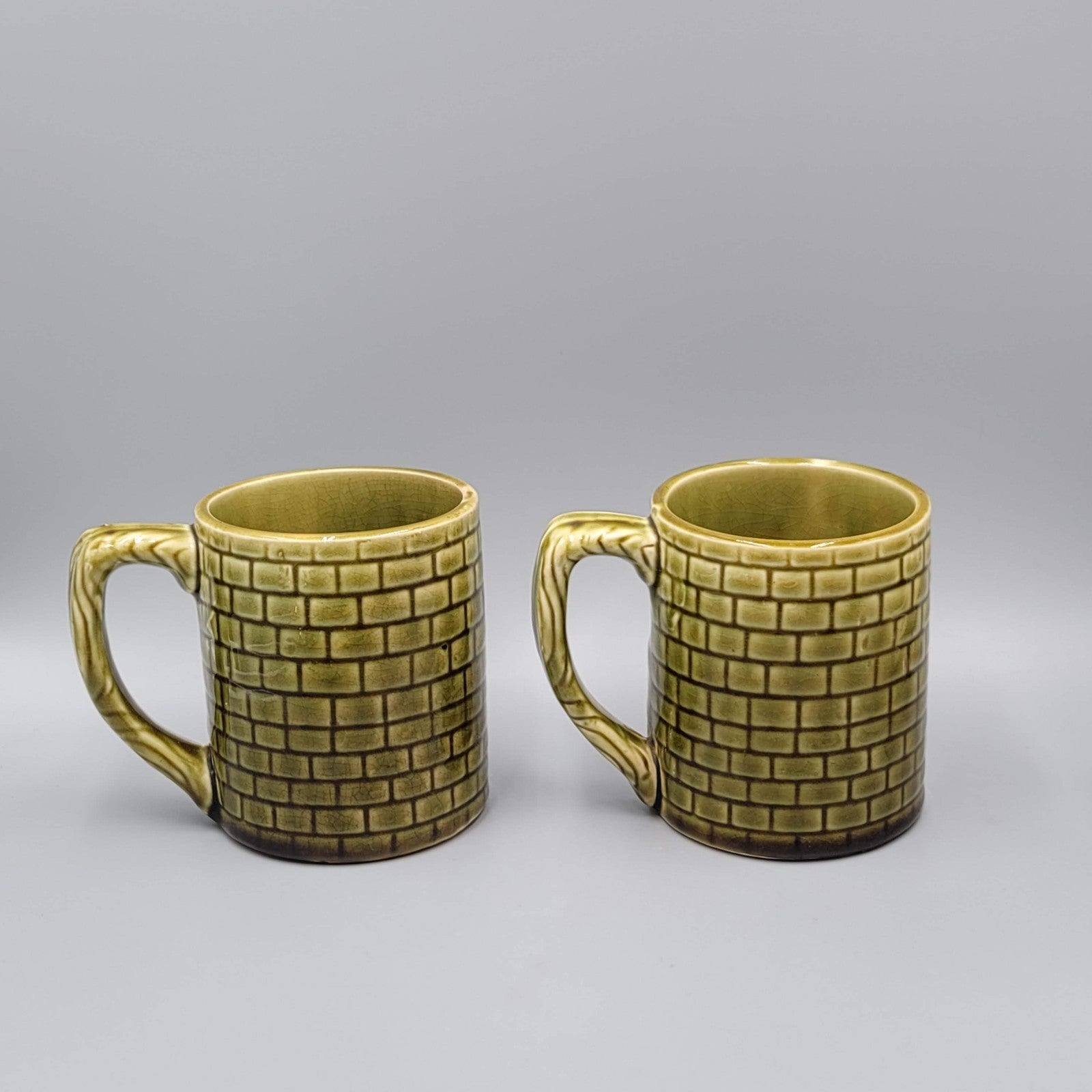 Vintage Japan Coffee Mug Cup Set of 2 Green Glaze MCM
