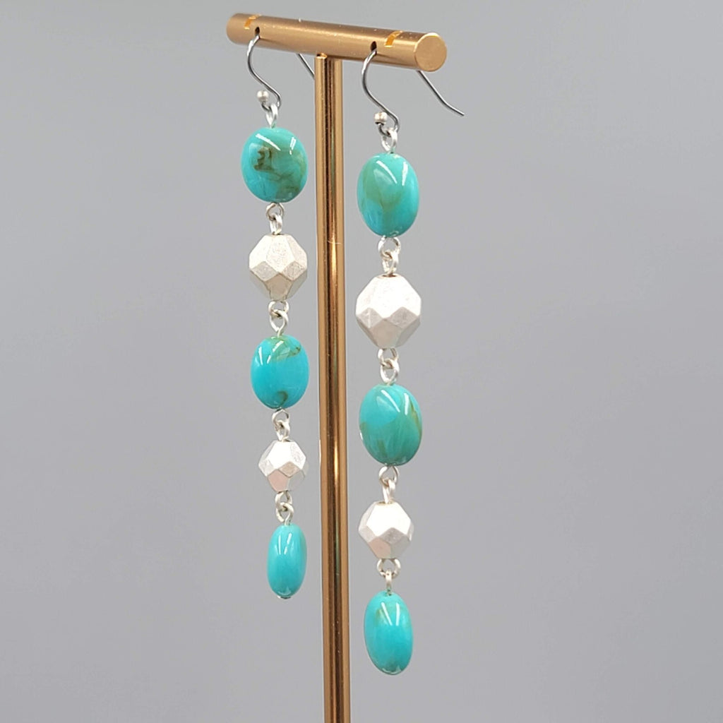 Long Bead Pierced Earrings Blue and Silver tone Dangle 3"