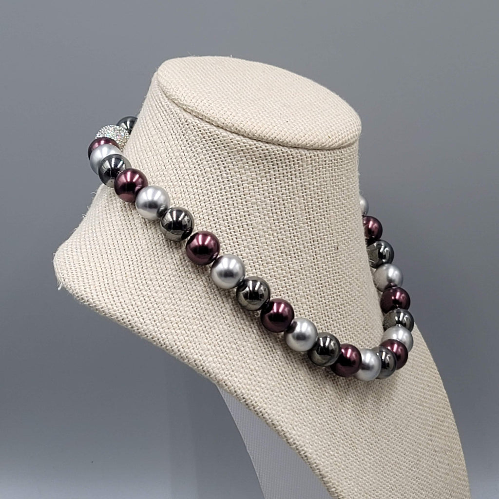 Large Bead Necklace Purple Gray Black Rhinestone Magnet Closure 16"