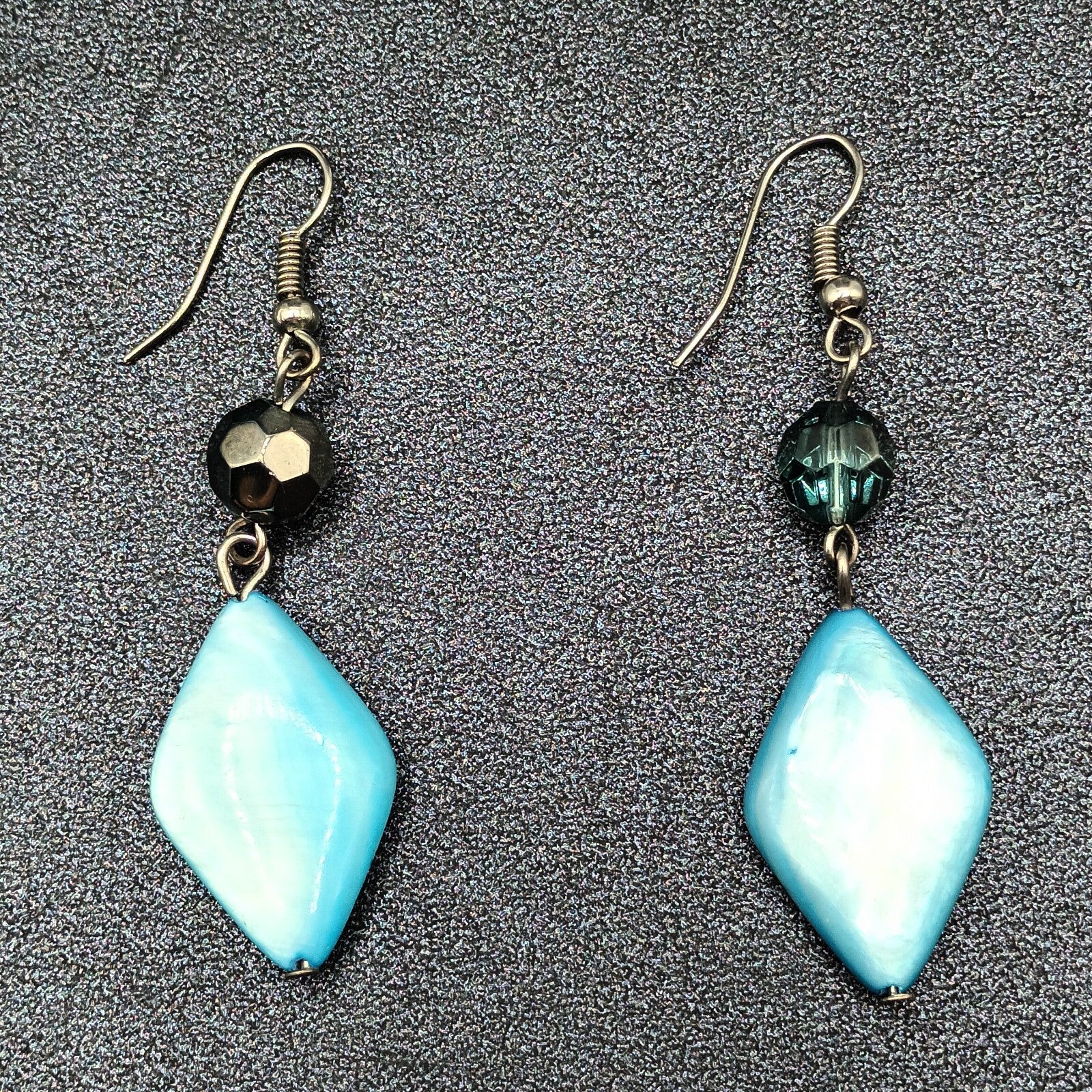 Pierced Earrings Silver tone Hook Blue Shell Geometric Beaded Dangle 1 5/8"