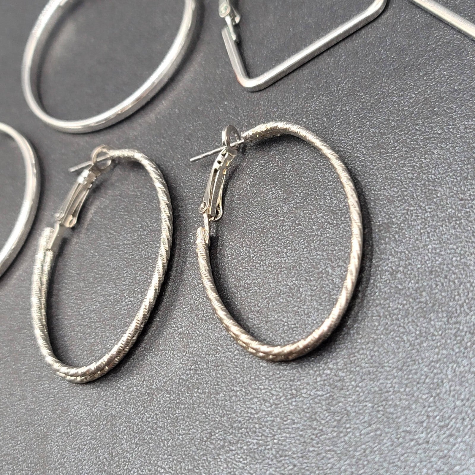 Lot of 6 Pierced Earrings Silver tone Hoops Dangle Square Oval Round