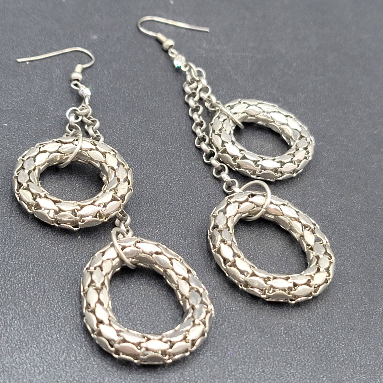Pierced Earrings Silver tone Statement Dangle Chains 3.25"