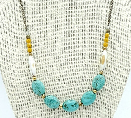 Boho Turquoise Stone Beaded Necklace Bronze tone Chain 20"