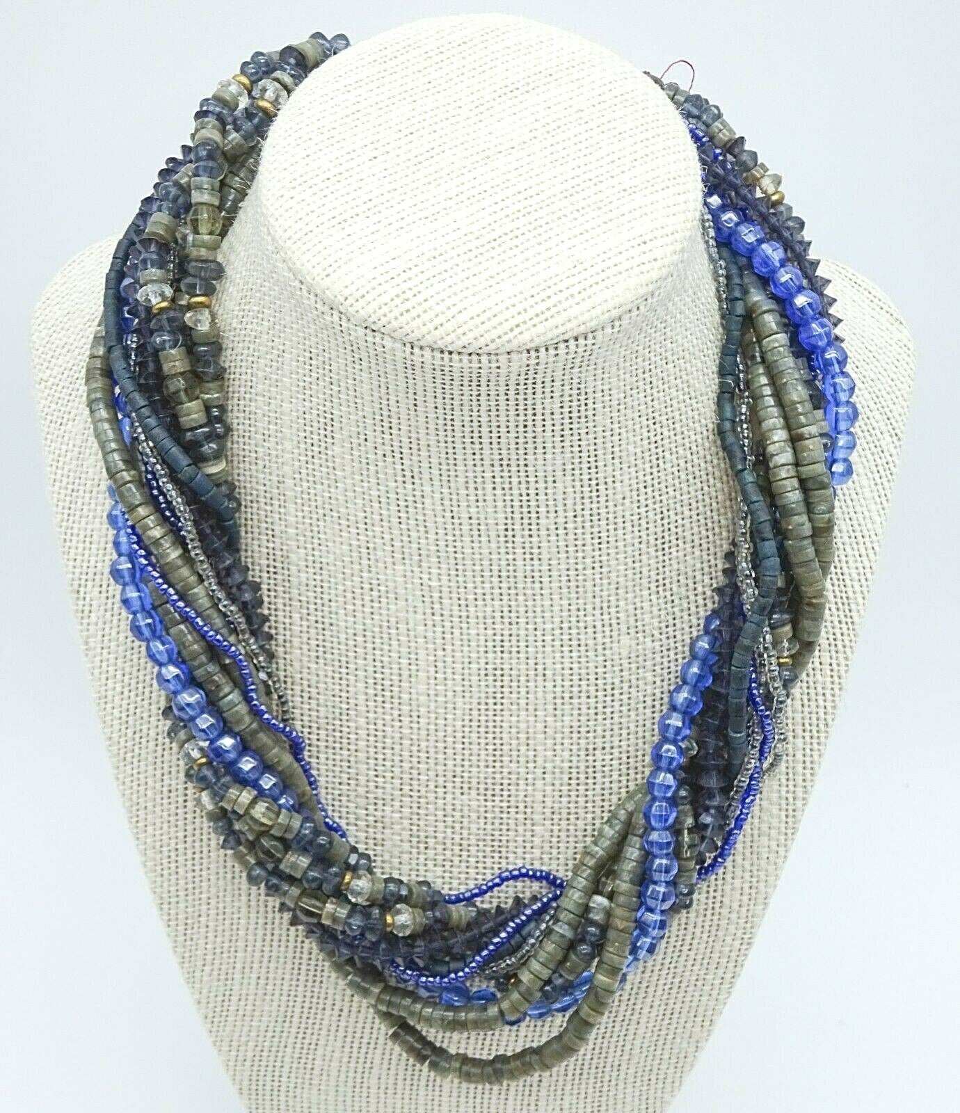 Vintage Necklace Blue Gray Bead Shell 12 Strand Estate Costume Jewelry 18"