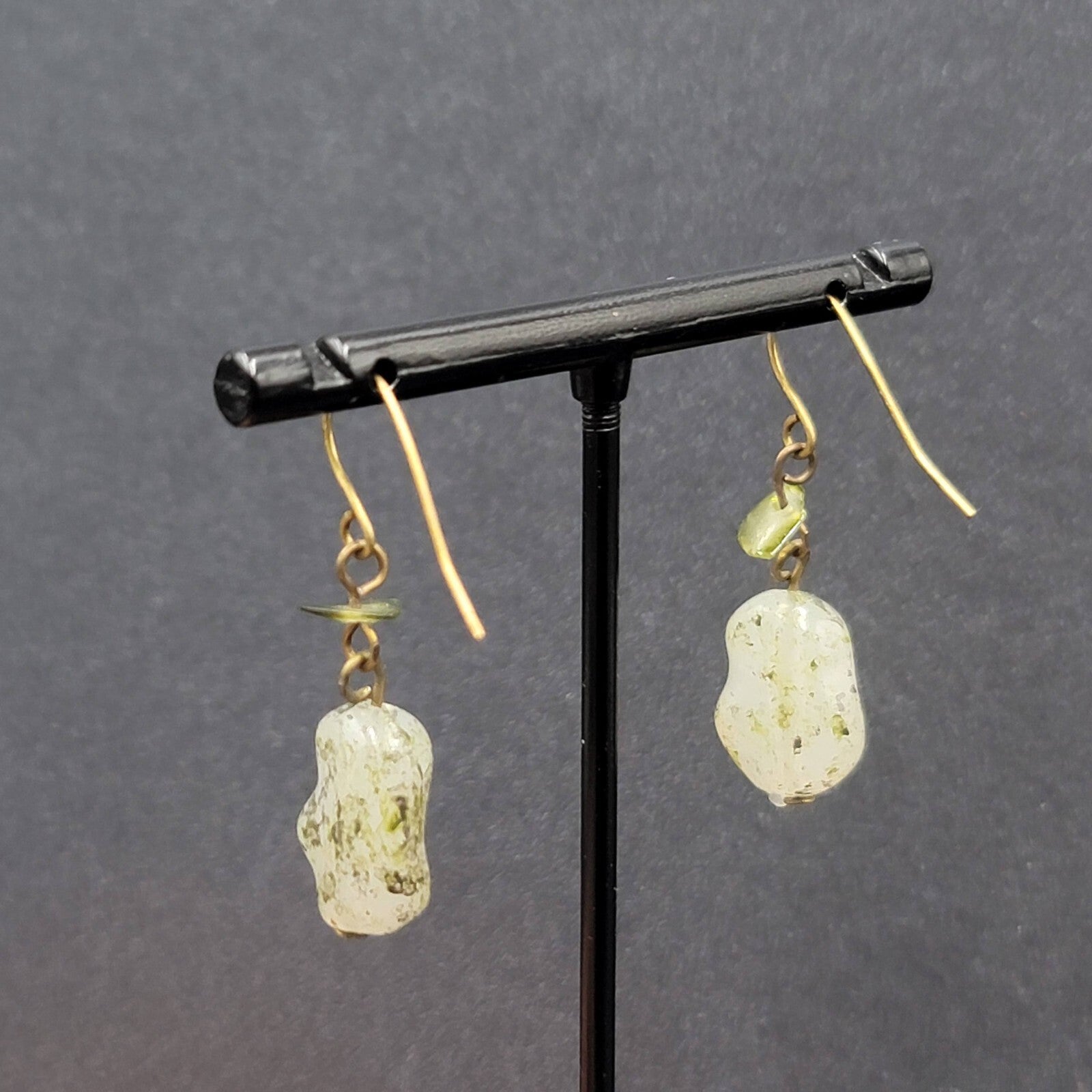 Pierced Earrings 1" Green Stone Chip and Acrylic Bead Lightweight Dangle 1"