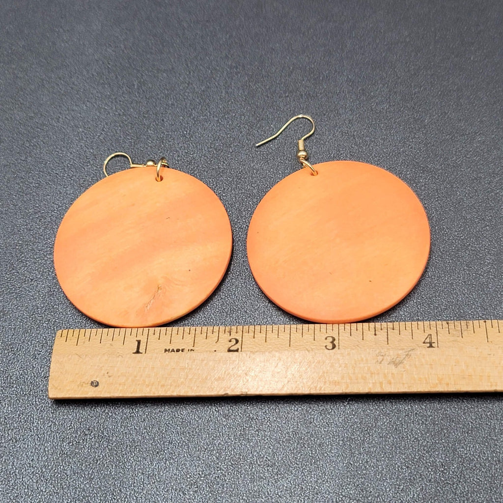 New Boho Pierced Earrings Orange Large Round Wood Disc Dangle 2"