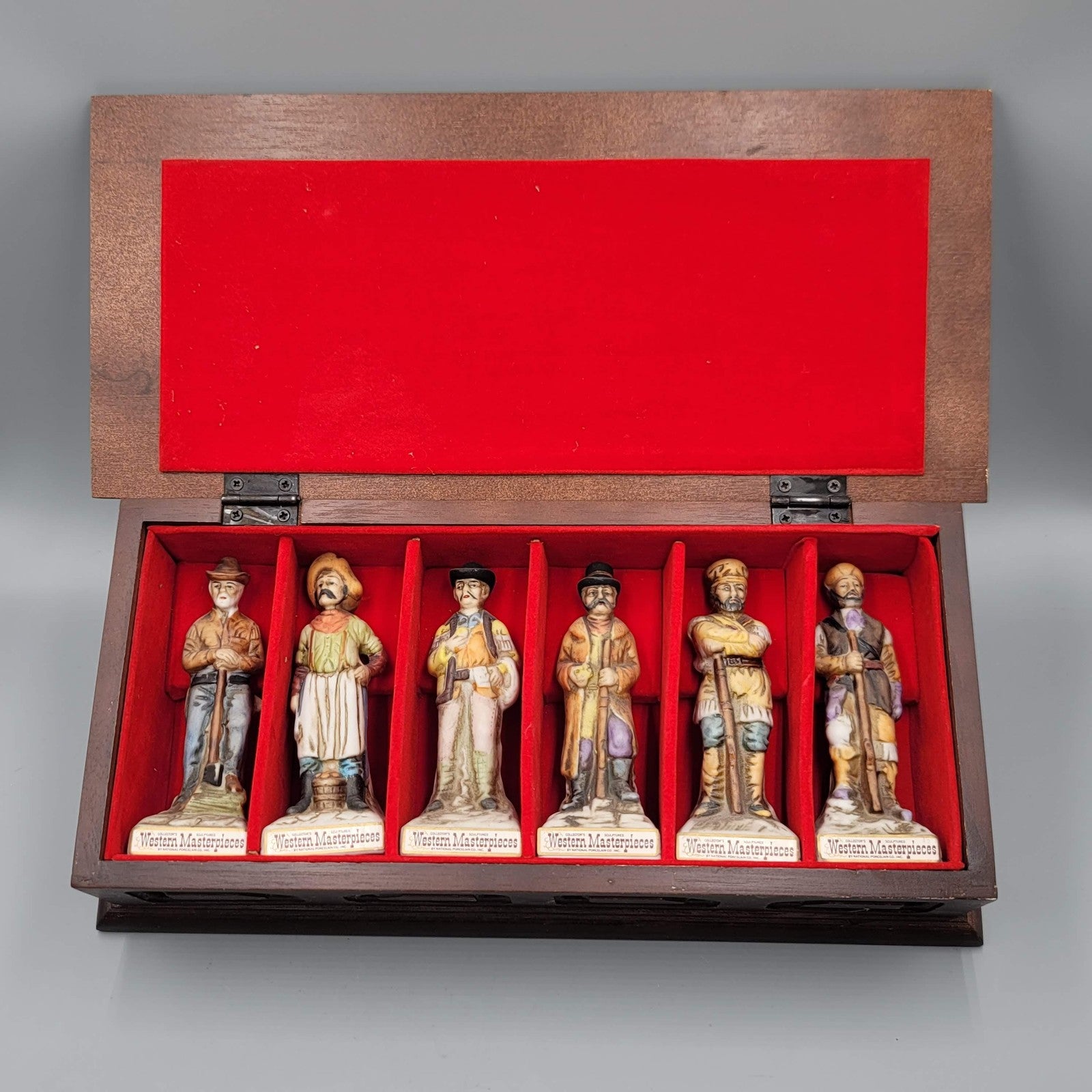 Western Masterpieces Figurines Set of 6 Cowboy Old West in Wooden Display Case