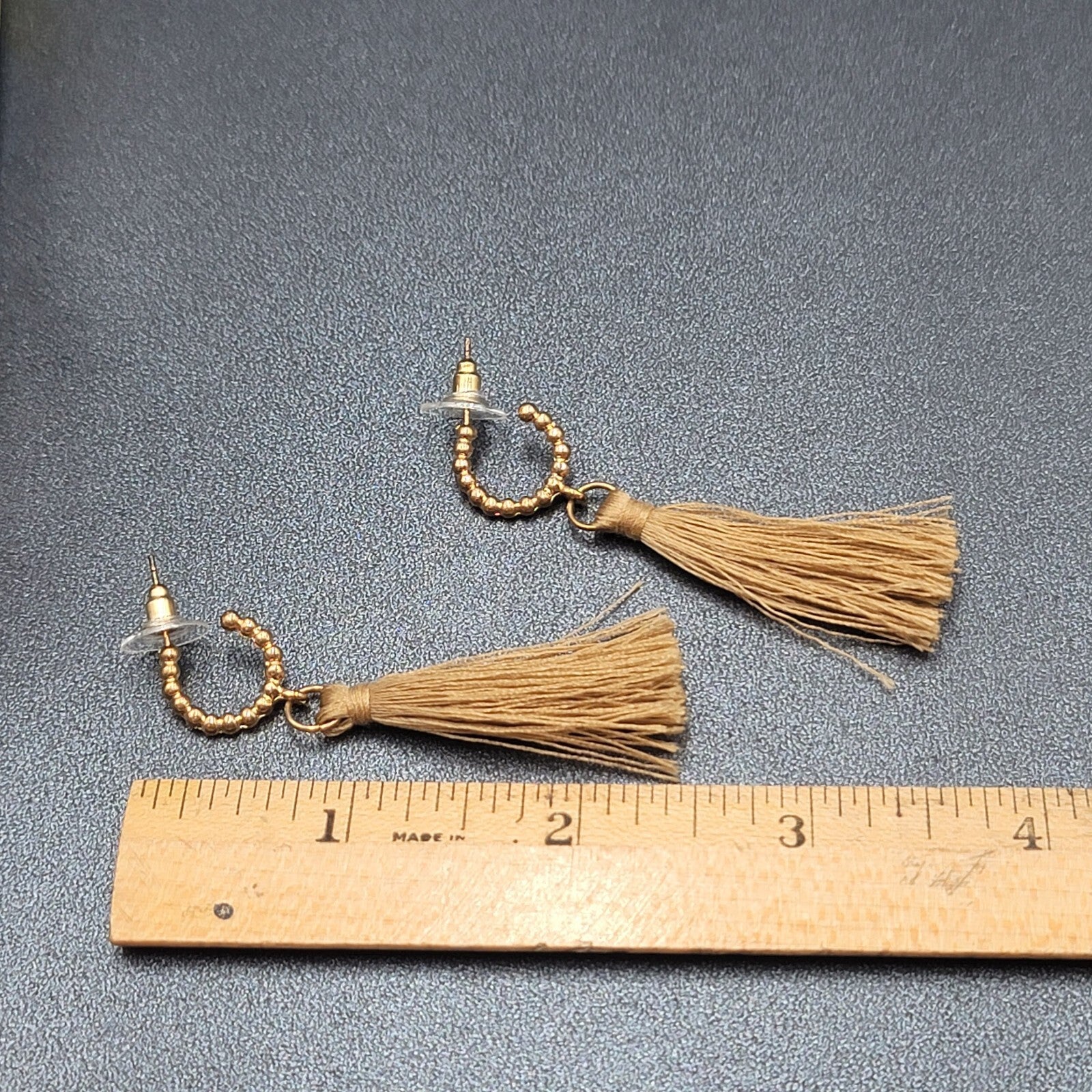 Pierced Earrings Gold Plate Hoops Thread Tassels 2.25"