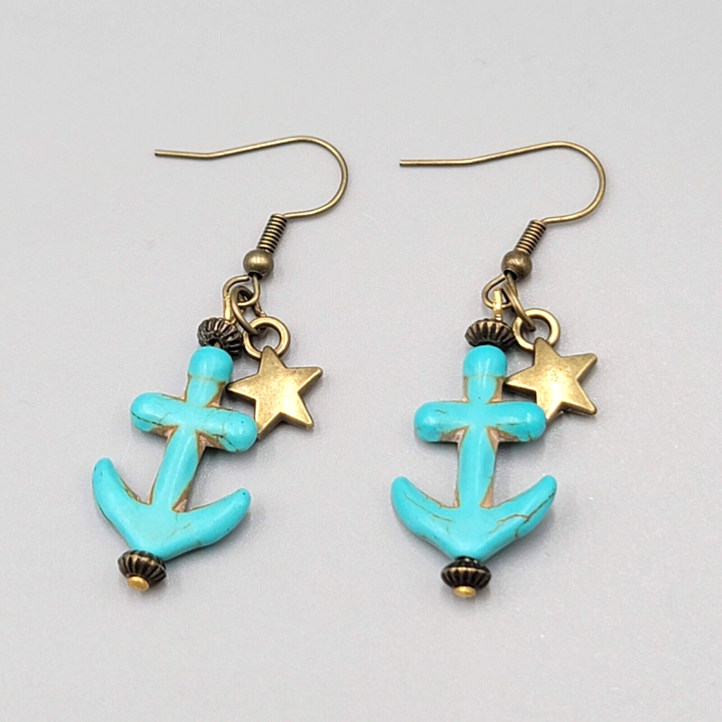 New Blue Howlite Stone Anchor Pierced Earrings Bronze tone Dangle Nautical 1.25"