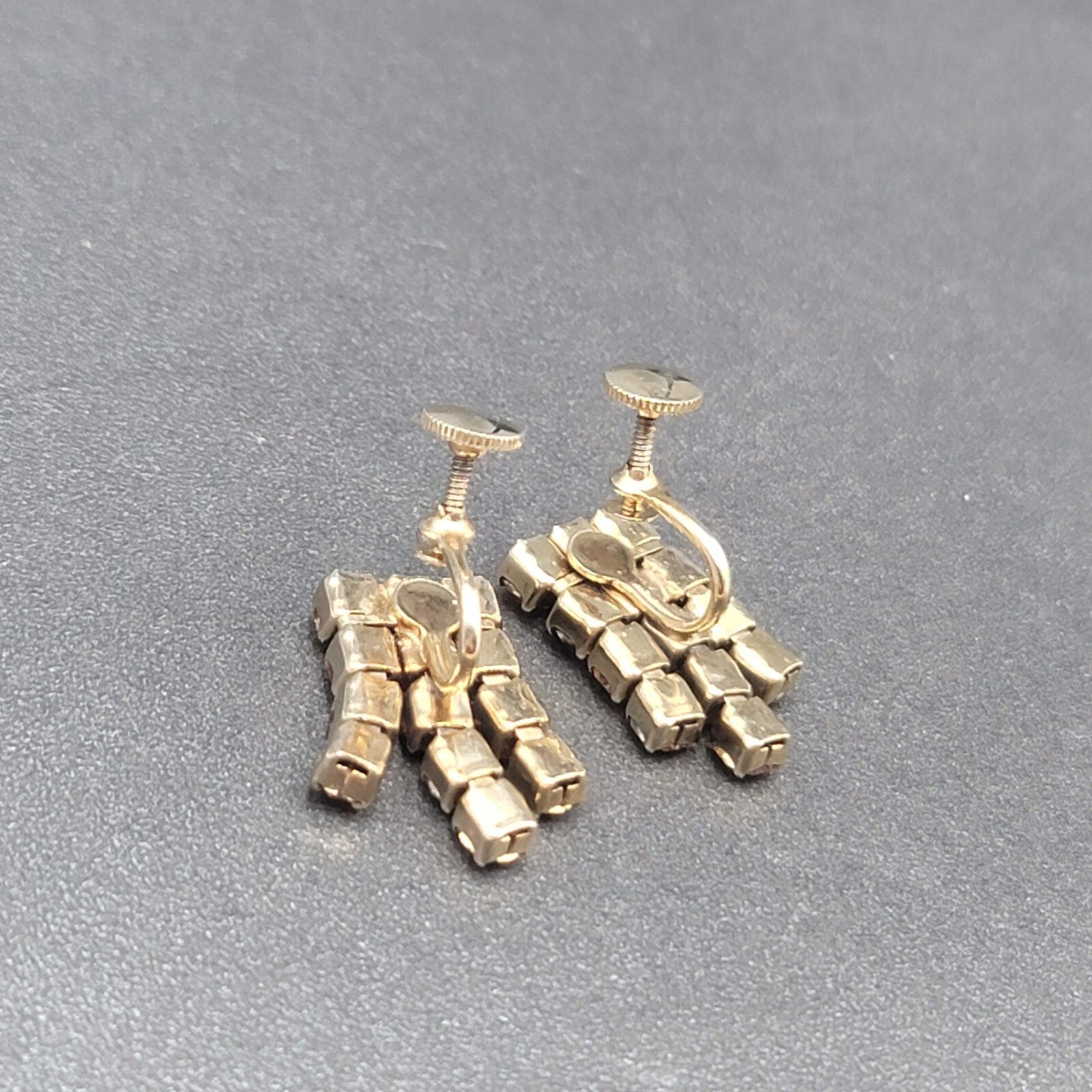 Vintage Clip on Earrings Gold tone Amber Orange Rhinestone Screw Back 1"