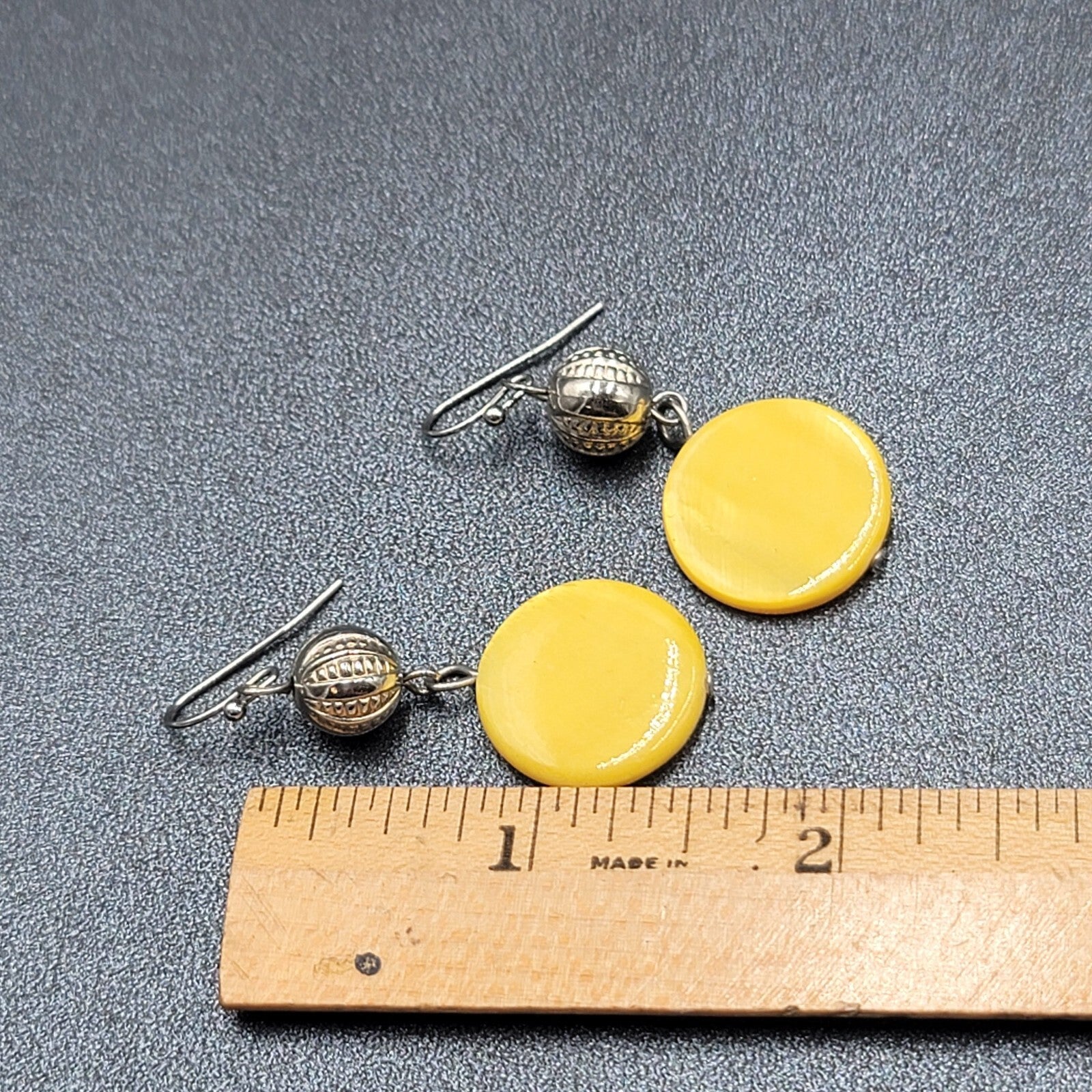 Pierced Earrings Silver tone Yellow Shell Round Bead 1.5"