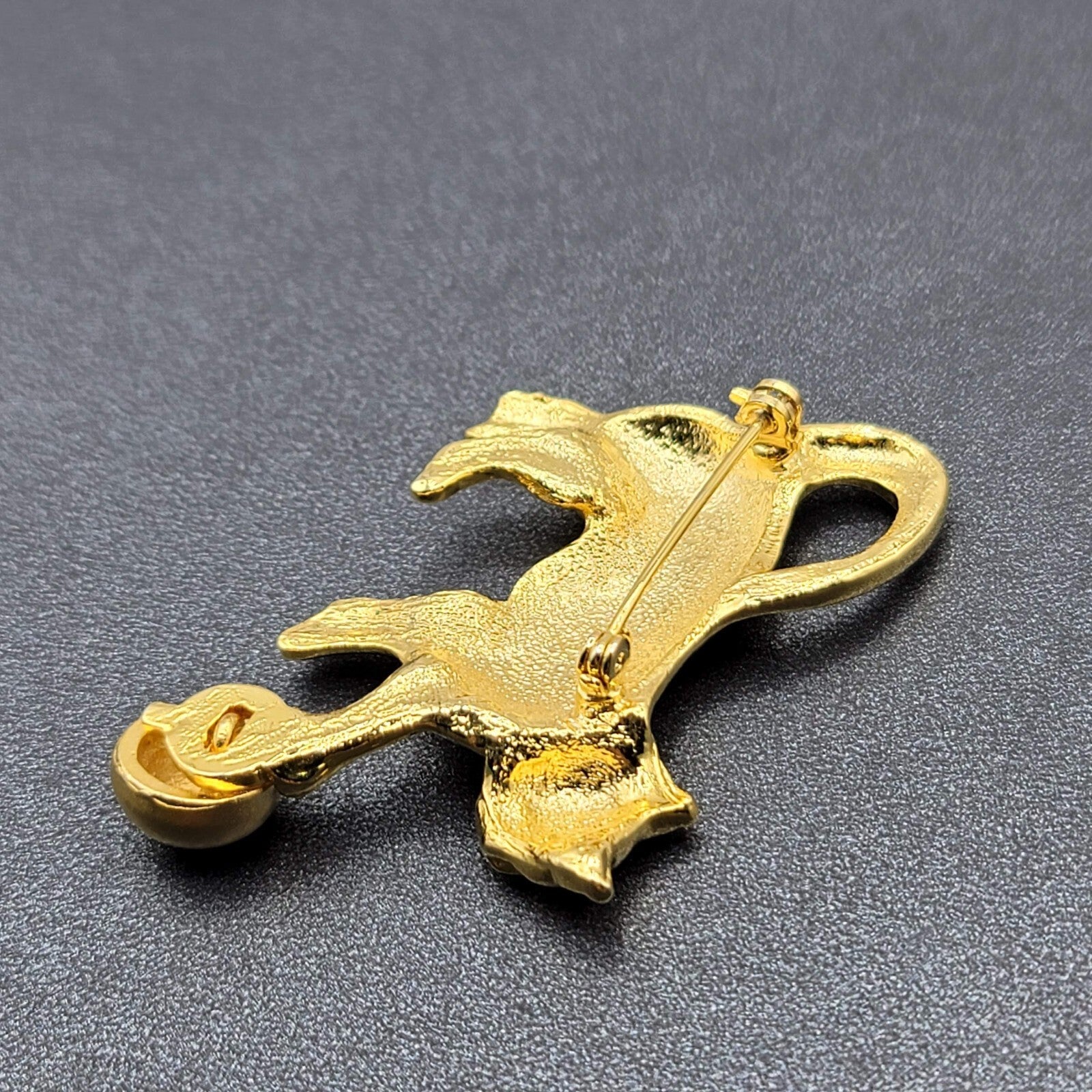 Vintage Brooch Gold Plated Cat Kitty Playing with Ball Polished 2.5"