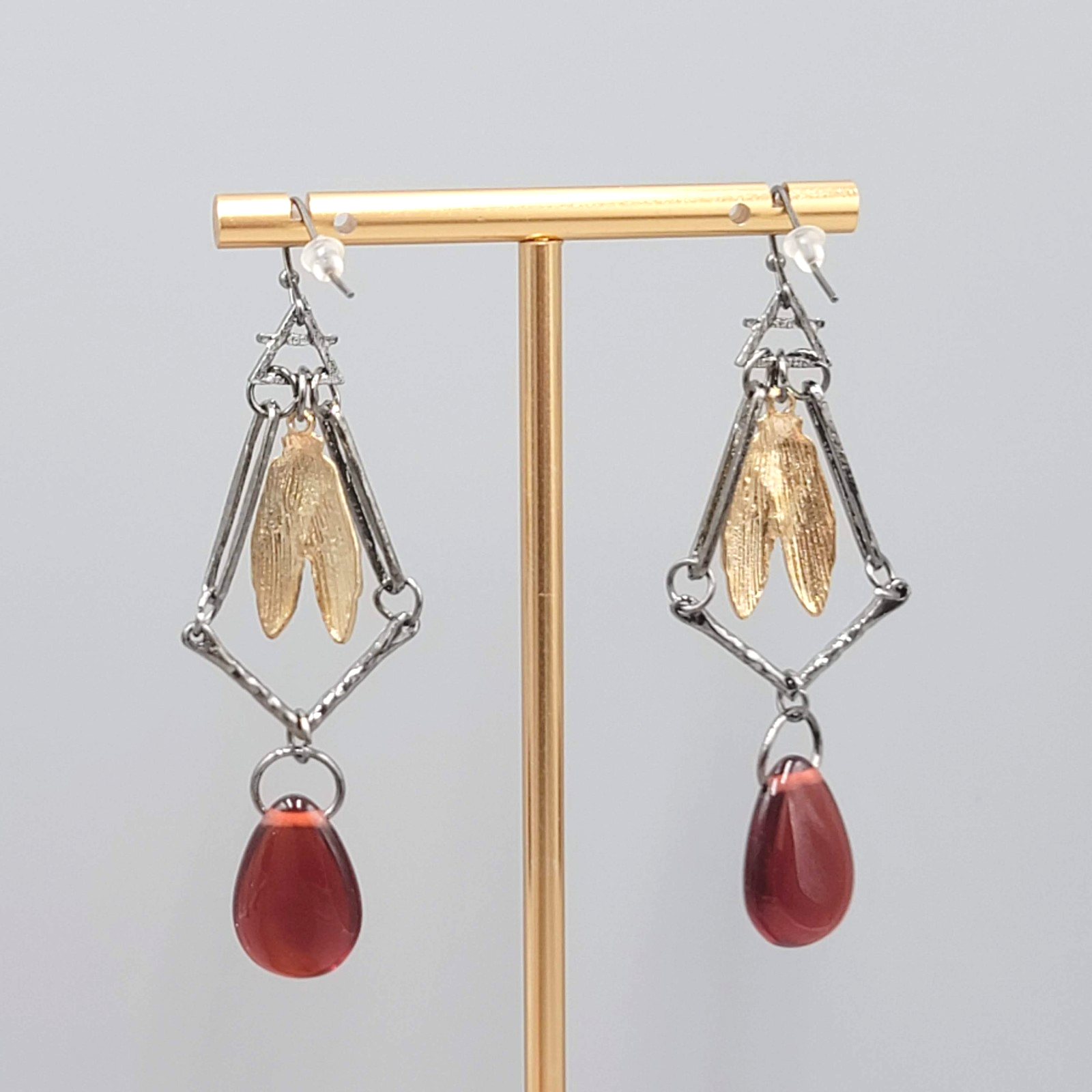 Fly Bug Black Metal Red Bead Pierced Earrings Long Dangle 2.5"