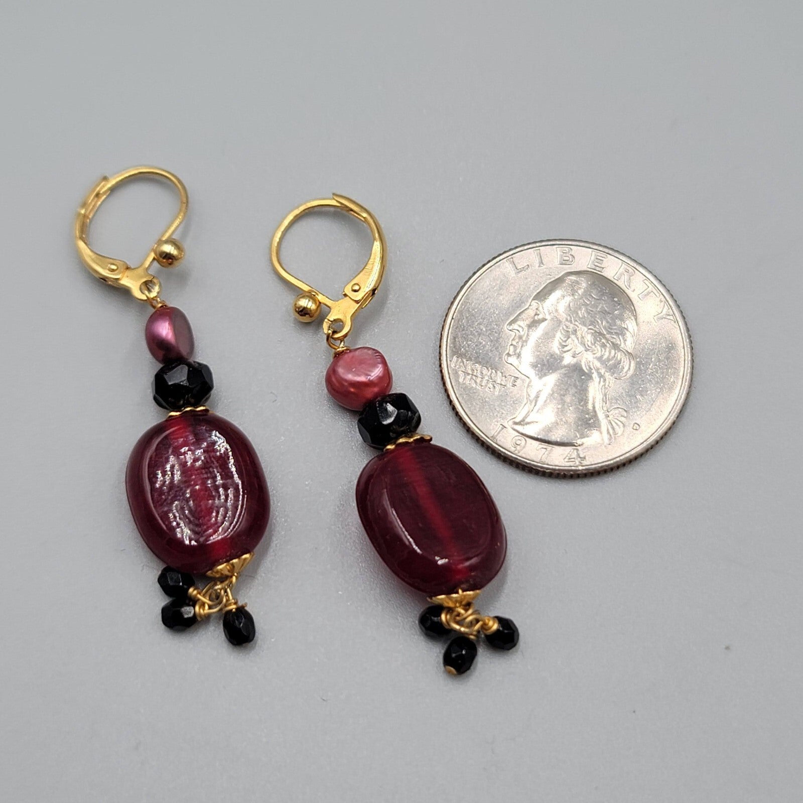 Red Glass Bead Pearl Pierced Earrings Gold tone Dangle 1.25"