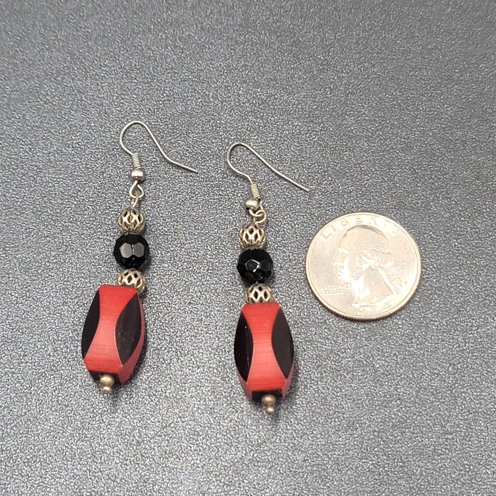 Vintage Pierced Earrings Silver tone Red Black Bead Dangle 1.75"