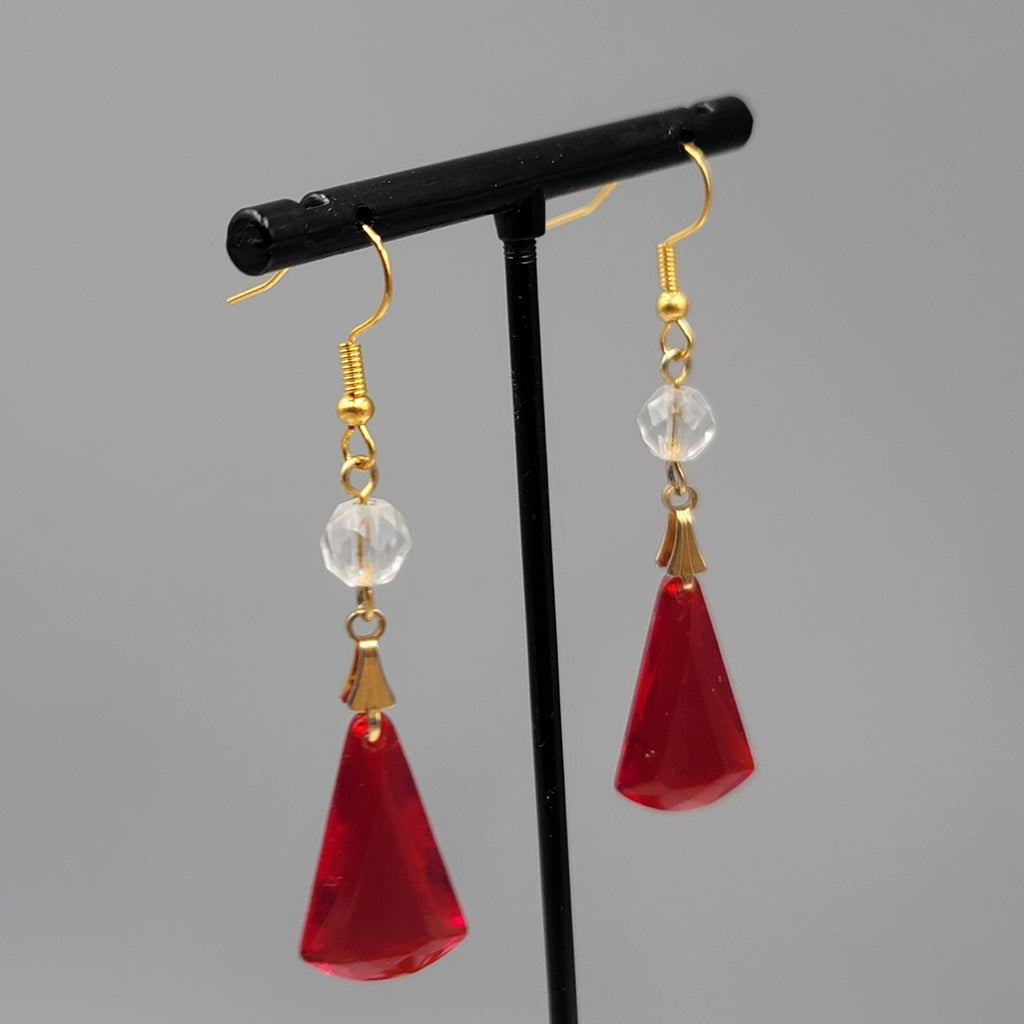 Pierced Earrings  Gold tone Red Clear Acrylic Bead Dangle 1.75" Lightweight