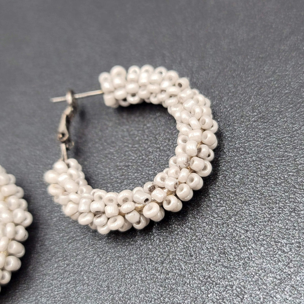 Pierced Earrings Light Gray Seed Bead Covered Hoops 1.25"