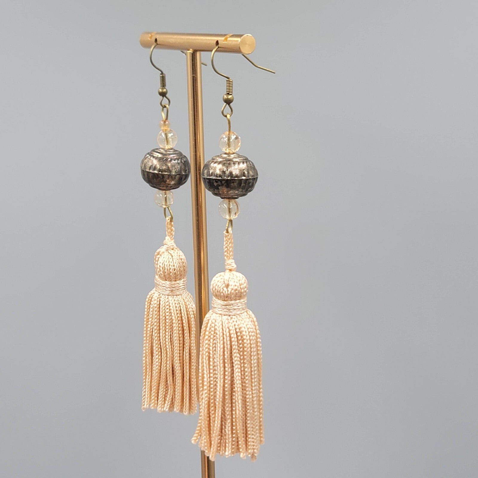 LONG Tassel Pierced Earrings Bronze tone Metal Beads Dangle 3.5"