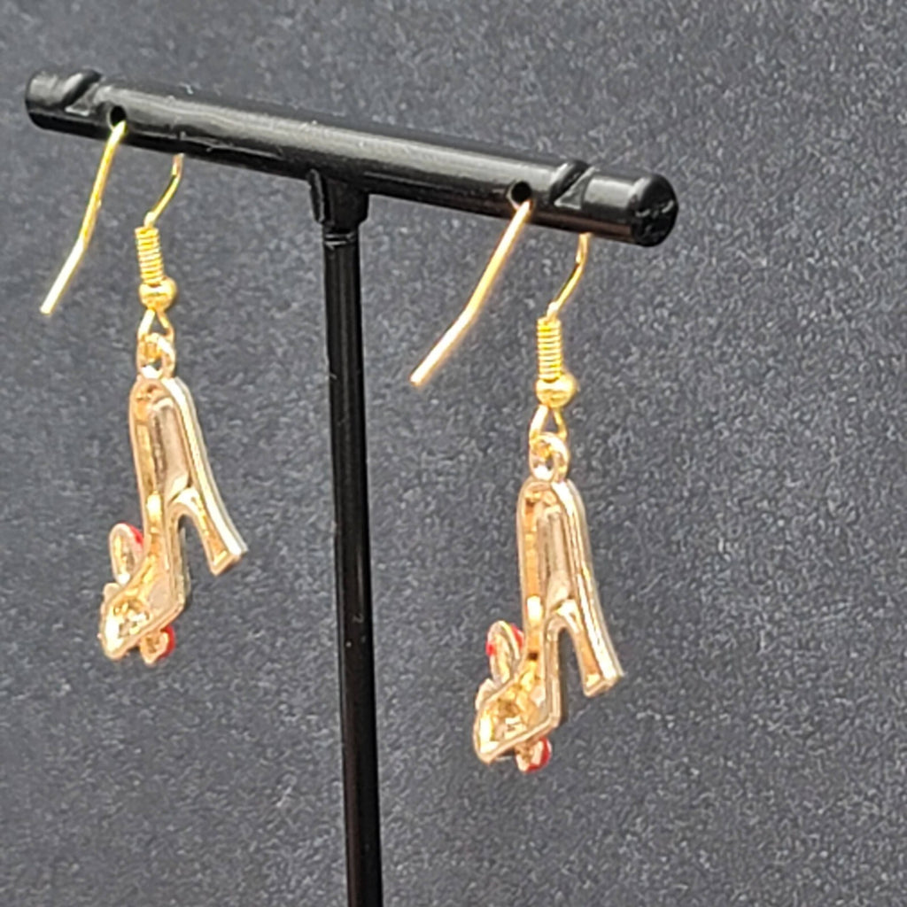High Heel Shoes Pierced Earrings Gold tone Red Black Enamel Dangle 1"