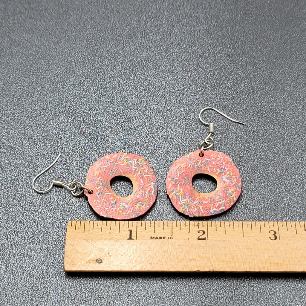 Pierced Earrings Pink Sprinkle Donuts Wood Dangle 1"
