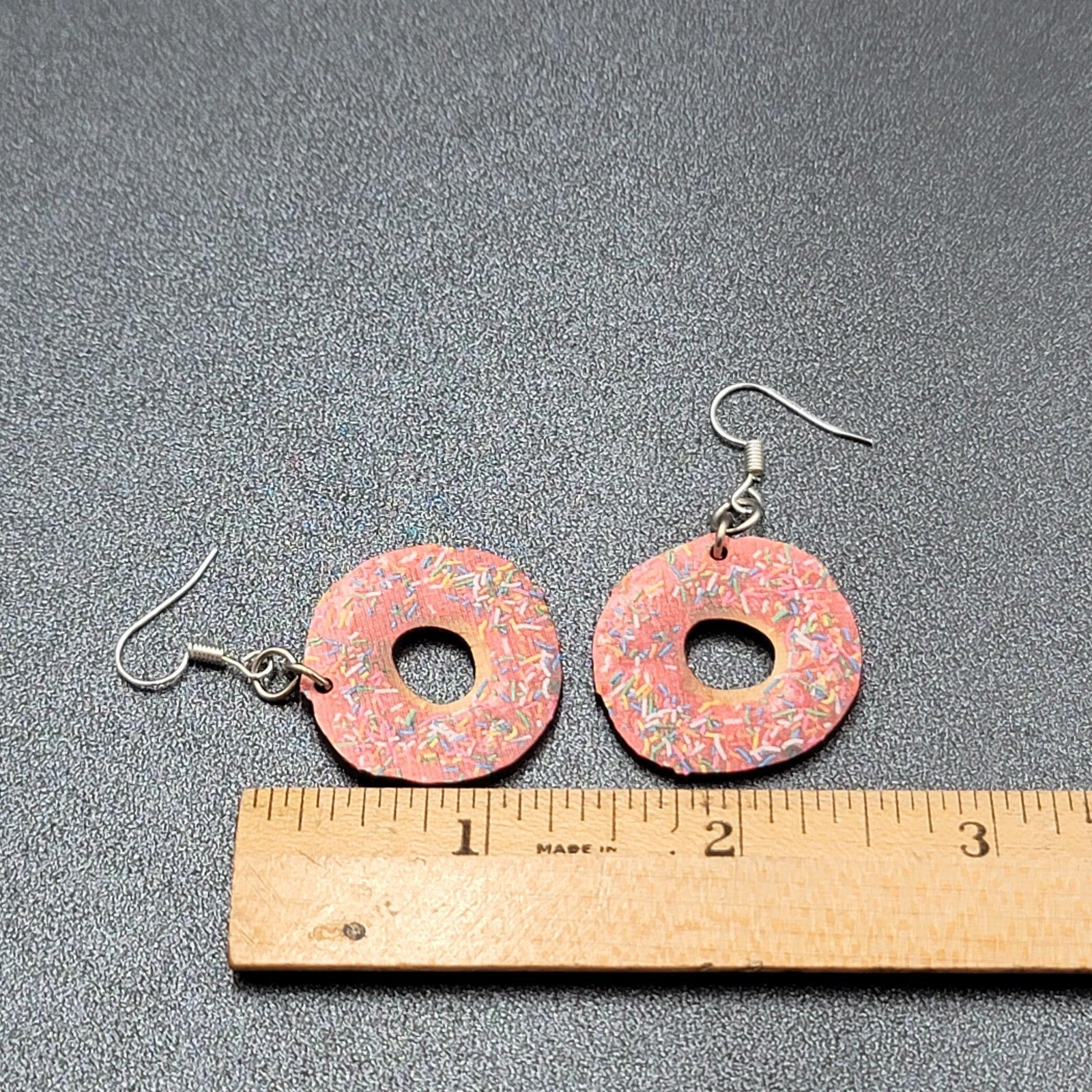 Pierced Earrings Pink Sprinkle Donuts Wood Dangle 1"