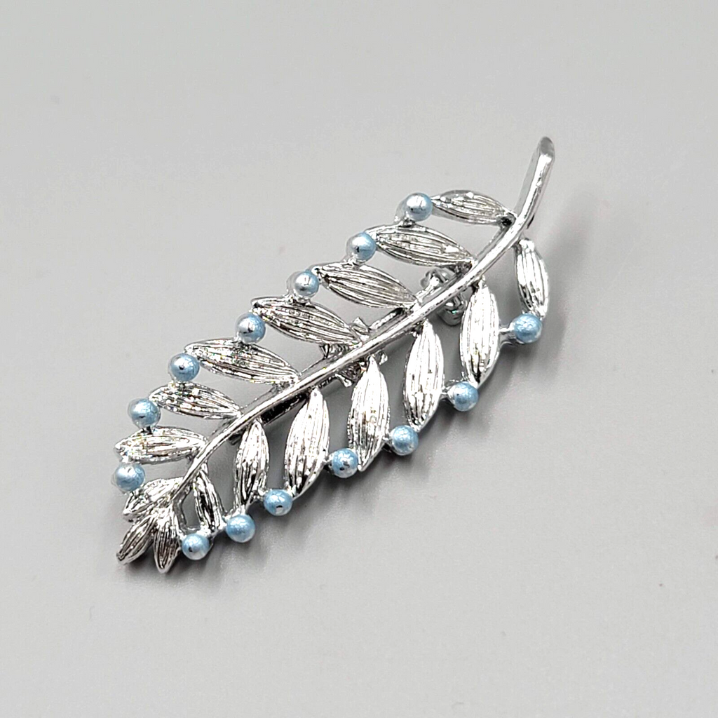 Vintage Gerrys Leaf Brooch Pin Blue Beads 2.25"