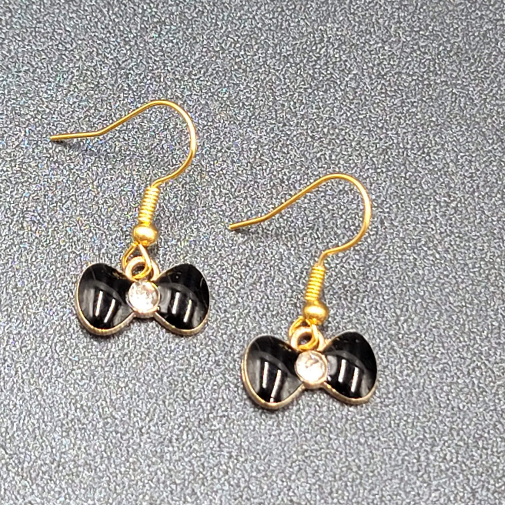 Bow Pierced Earrings Gold tone Crystal Black Enamel Dangle 3/8"