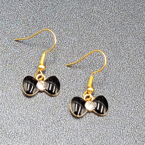 Bow Pierced Earrings Gold tone Crystal Black Enamel Dangle 3/8"