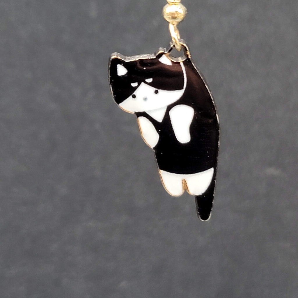 Kitty Cat Pierced Earrings Gold tone Black White Tuxedo Kitten Hanging Dangle 1"
