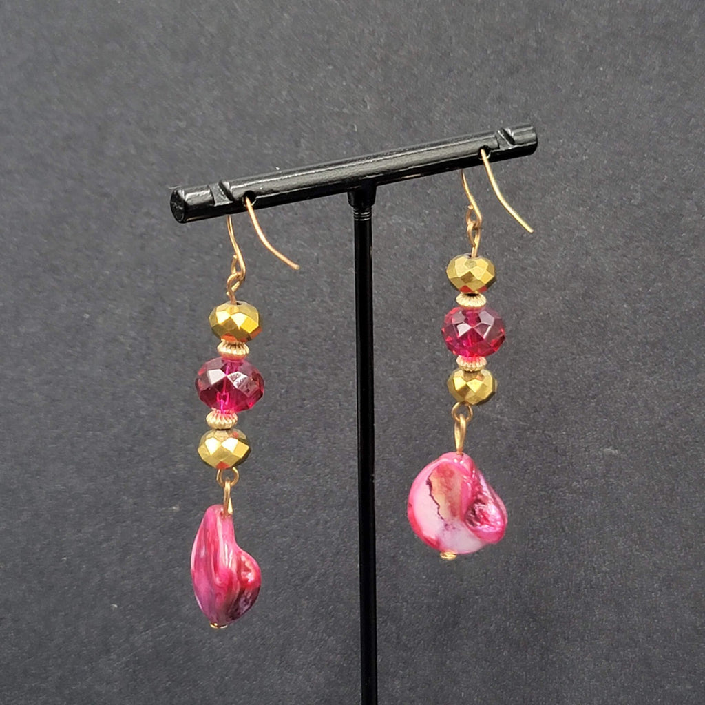 Pierced Earrings Gold tone Pink Beads Dyed Shell Dangle 2 1/8"