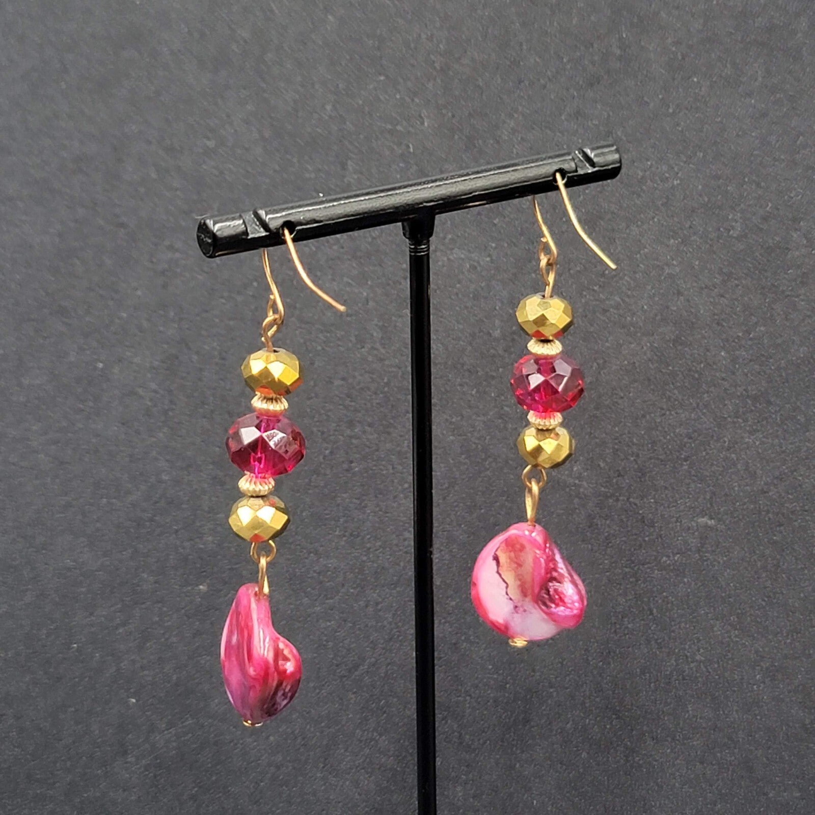 Pierced Earrings Gold tone Pink Beads Dyed Shell Dangle 2 1/8"