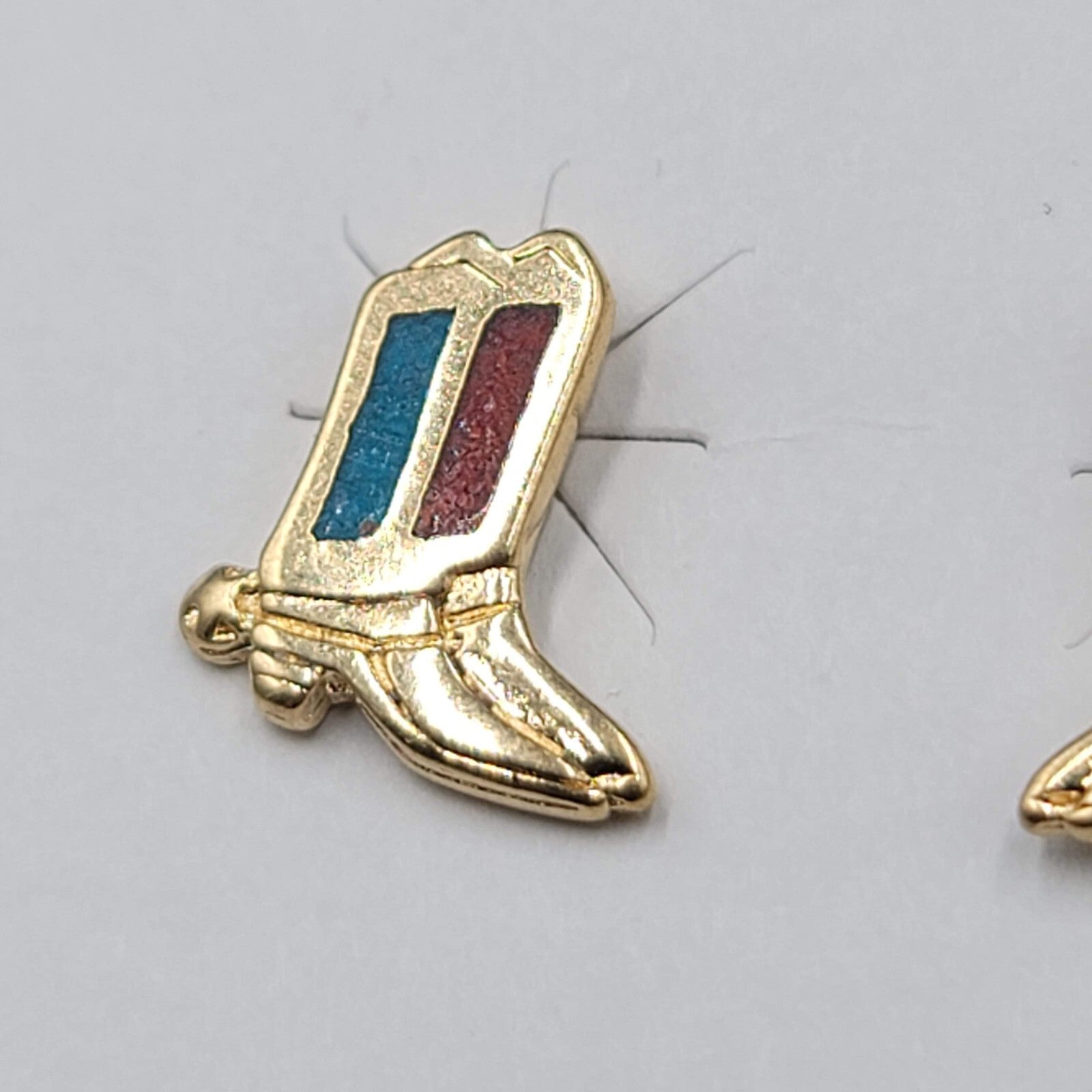 Vintage Pierced Earrings Gold tone Cowboy Boots Inlay Studs 1/2"