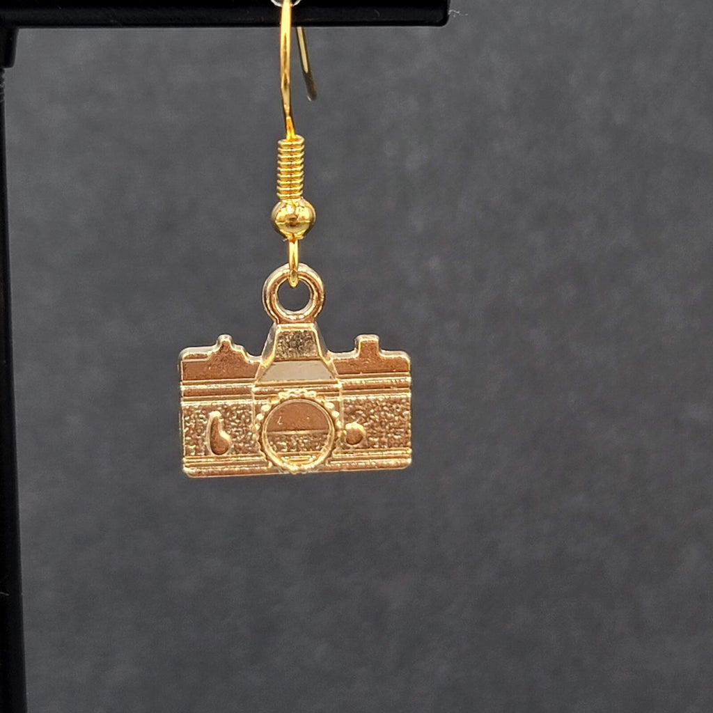 Retro Camera Pierced Earrings Gold tone Dangle 1/2"